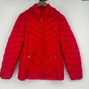 London Fog Womens M Red Chevron Quilted Down Blend Puffer Jacket Hooded